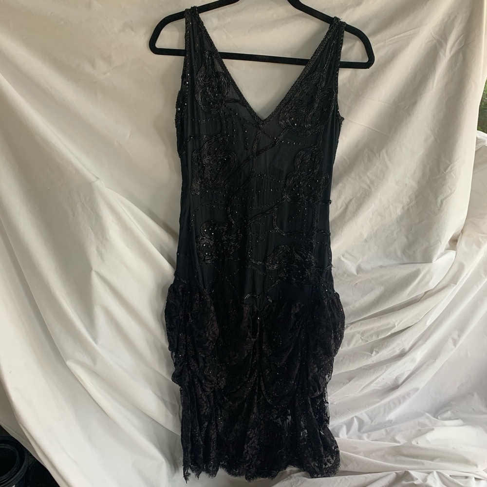 Black Silk & Lace Beaded & Sequin Cocktail Dress